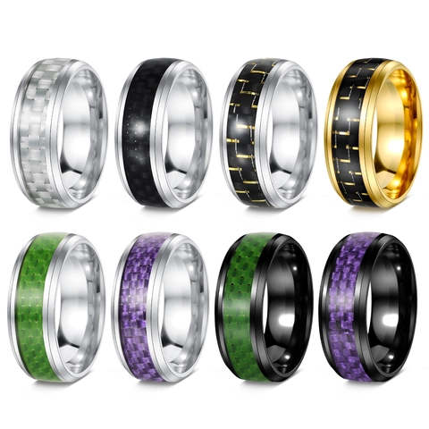 Stainless Steel Carbon Fiber Inlay Ring For Men Women Minimalist Hip Hop Beveled Edge Band Ring Fashion Jewelry Gift