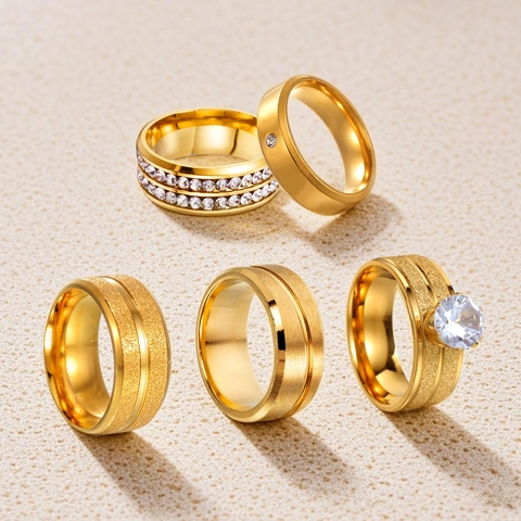 Titanium Steel Gold Frosted Brushed Rhinestone Rings Collection Minimalist Geometric Geometric Rings For Men Women Fashion Jewelry