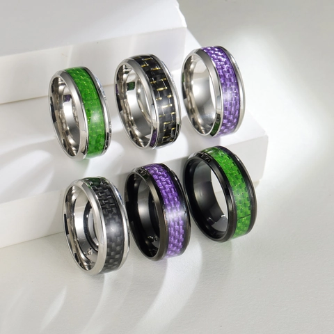 Stainless Steel Carbon Fiber Inlay Ring For Men Women Minimalist Hip Hop Beveled Edge Band Ring Fashion Jewelry Gift