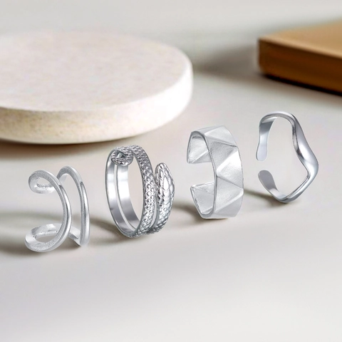 Set di 4 Anelli Aperti Punk Serpente Geometrico Onda Acciaio al Titanio Gioielli Minimalisti Personalizzati per Uomo Donna