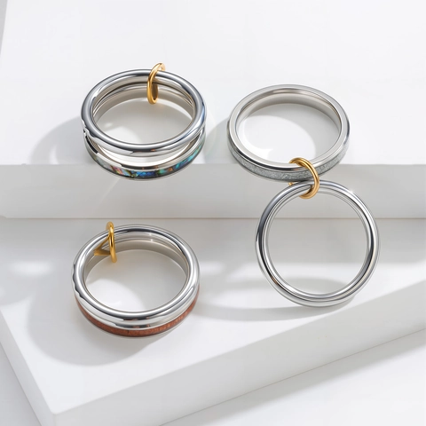 Vintage Stainless Steel Stackable Ring Women Geometric Titanium Steel Shell Wood Inlay Fashion Band Jewelry Gift