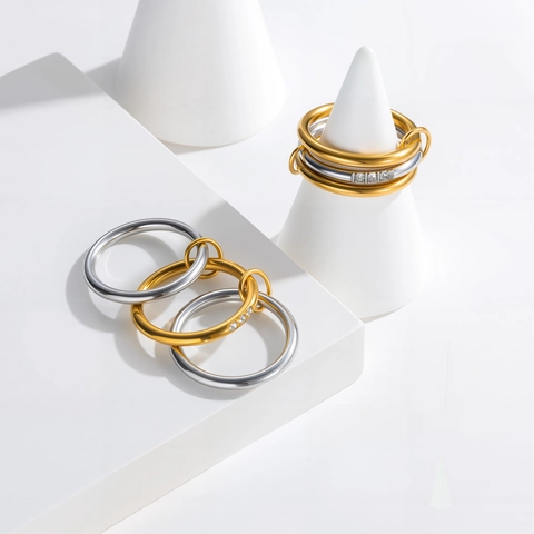 Minimalistische Titanstahl Stapelbare Ringe Für Damen Gold Silber Galvanisiert Verflochtene Kreise Strass Mode Fingerring
