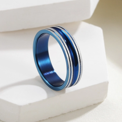 Anello in Acciaio al Titanio Bicolore Scanalato per Uomo Donna Blu Argento Spazzolato Lucido Comfort Fit Gioielli Minimalisti