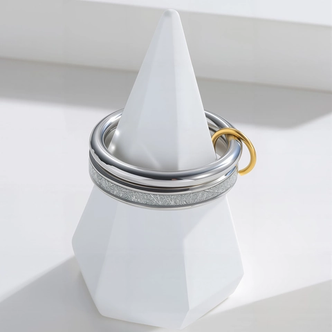 Vintage Stainless Steel Stackable Ring Women Geometric Titanium Steel Shell Wood Inlay Fashion Band Jewelry Gift