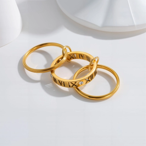 Damen Titanstahl Römische Zahlen Verschachtelt Ring Strass Gold Silber Galvanisiert Geometrisch Stapelbar Fingerring Schmuck