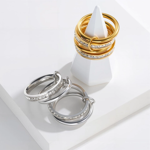Luxus Edelstahl Mehrlagige Gestapelte Ringe Für Damen Inlaid Strass Geometrischer Fingerring Westliche Mode Schmuck