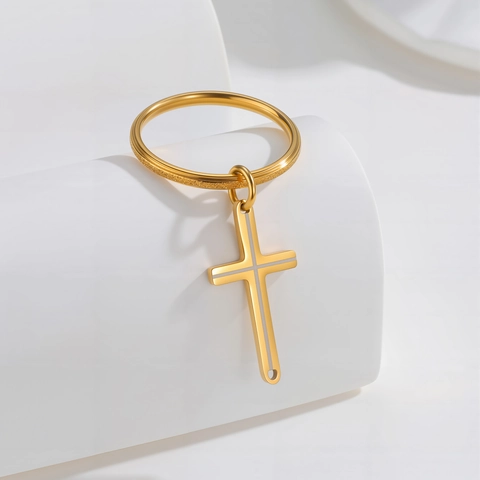 Anello da Donna in Acciaio al Titanio con Ciondolo a Croce Oro Placcato Lucido Opaco Strass Gioielli di Moda Religiosa