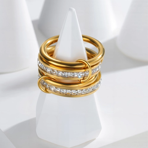 Luxus Edelstahl Mehrlagige Gestapelte Ringe Für Damen Inlaid Strass Geometrischer Fingerring Westliche Mode Schmuck