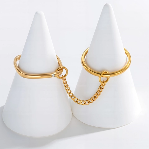 Titanstahl Vergoldet Kettenquaste Doppelring Für Damen Minimalistisch Geometrisch Strass Verbundene Stapelbare Fingerring Schmuck