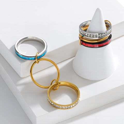 Anillo Apilable Multicapa de Acero de Titanio Para Hombres Mujeres Diamante de Imitación Ópalo Artificial Joyería