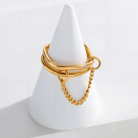 Titanstahl Vergoldet Kettenquaste Doppelring Für Damen Minimalistisch Geometrisch Strass Verbundene Stapelbare Fingerring Schmuck