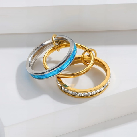 Anillo Apilable Multicapa de Acero de Titanio Para Hombres Mujeres Diamante de Imitación Ópalo Artificial Joyería