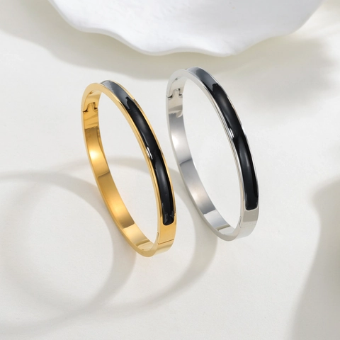 Brazalete Moderno Minimalista de Acero de Titanio y Esmalte para Mujer Cierre de Bisagra Ovalado Oro Plata Pulsera Joyería de Moda