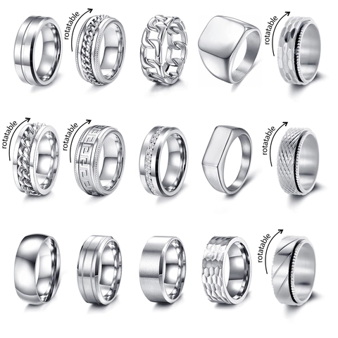 Edelstahl Herren Ring-Set Hip Hop Drehbar Stressabbau Ringe Geometrisches Quadrat Siegel Strass Fingerringe Mode Schmuck