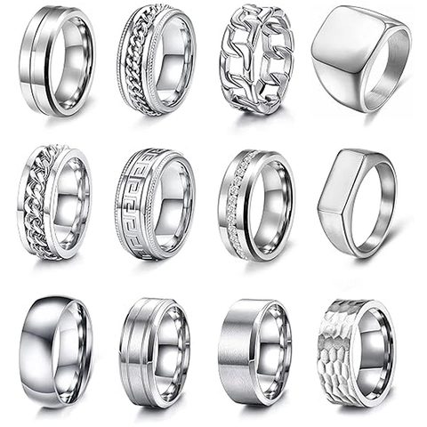 Modern Stainless Steel Spinner Rings For Men Women Hammered Texture Chain Rotating Greek Key Rhinestone Fashion Jewelry Rings