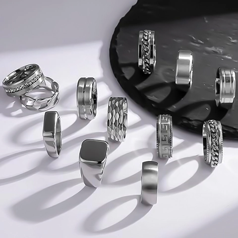 Edelstahl Herren Ring-Set Hip Hop Drehbar Stressabbau Ringe Geometrisches Quadrat Siegel Strass Fingerringe Mode Schmuck
