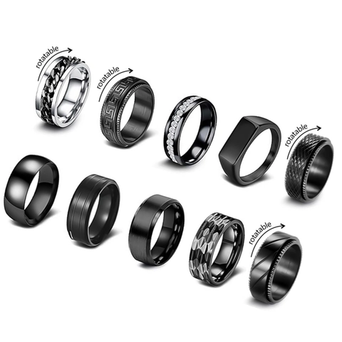 Edelstahl Herren Ring Set Drehbarer Fidget Ring Punk Griechisches Mäander Muster Schwarz Silber Vergoldet Band Schmuck