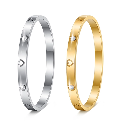 Fashion Stainless Steel Heart Rhinestone Bangle For Women Luxury Electroplated Gold Silver Hollow Heart Pattern Jewelry Bracelet