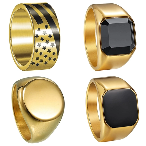 Herren Hip Hop 304 Edelstahl Ring Set Vintage Stars Stripes Muster Schwarz Strass Siegel Geometrische Fingerring Schmuck