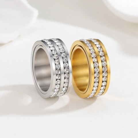 304 Stainless Steel Double Row Rhinestone Rotating Ring For Women Gold Silver Plated Anxiety Stress Relief Spinner Ring