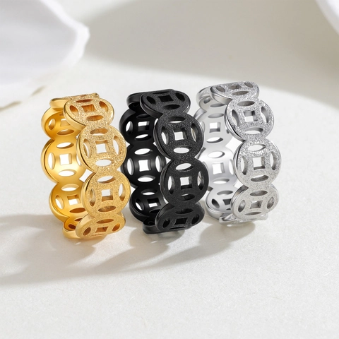 Vintage Chinesische Münze Edelstahl Ring Mattierte Oberfläche Viel Glück Reichtum Band Für Herren Damen Retro Schmuck Geschenk