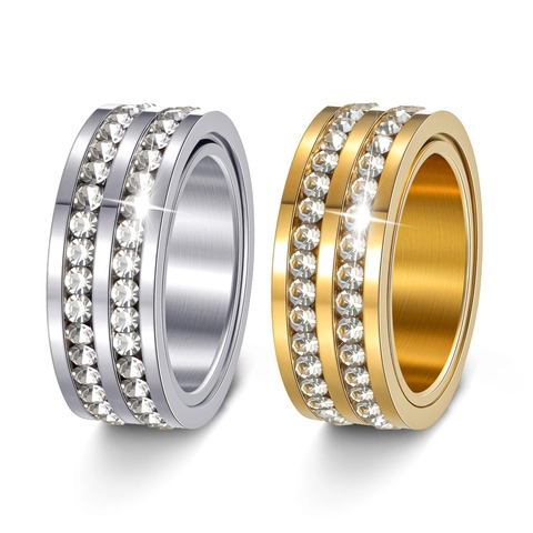 304 Stainless Steel Double Row Rhinestone Rotating Ring For Women Gold Silver Plated Anxiety Stress Relief Spinner Ring