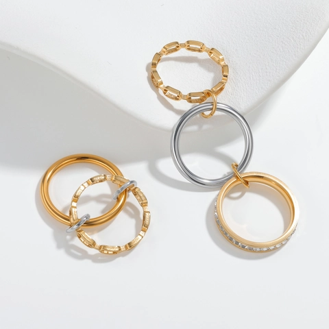 Modern 304 Stainless Steel Multilayer Chain Design Stackable Ring For Women Gold Silver Plated Rhinestone Finger Jewelry