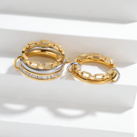 Modern 304 Stainless Steel Multilayer Chain Design Stackable Ring For Women Gold Silver Plated Rhinestone Finger Jewelry
