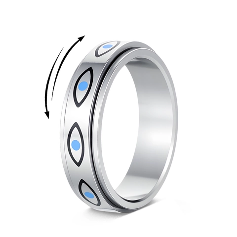 Anello Rotante in Acciaio Inossidabile Malocchio Sollievo Stress Lucidato Occhio Blu Anello a Fascia Geometrica per Uomo Donna