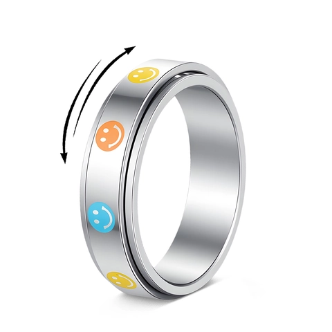 304 Stainless Steel Rotatable Smiley Face Spinner Ring For Stress Relief Colorful Unisex Fashion Finger Jewelry Trendy Ring Gift