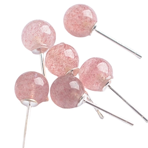925 Sterling Silver Strawberry Quartz Stud Earrings For Women Minimalist Pink Natural Stone Geometric Round Earring Jewelry