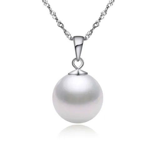 Elegante Collana con Ciondolo in Perla Artificiale Rotonda in Argento Sterling 925 Gioielli con Catena a Onda d'Acqua da Donna