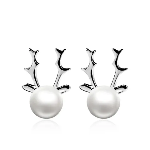 S925 Sterlingsilber Rentier Geweih Ohrstecker Für Damen Mit 6mm Natürlicher Süßwasserperle Weihnachten Schmuck Geschenk