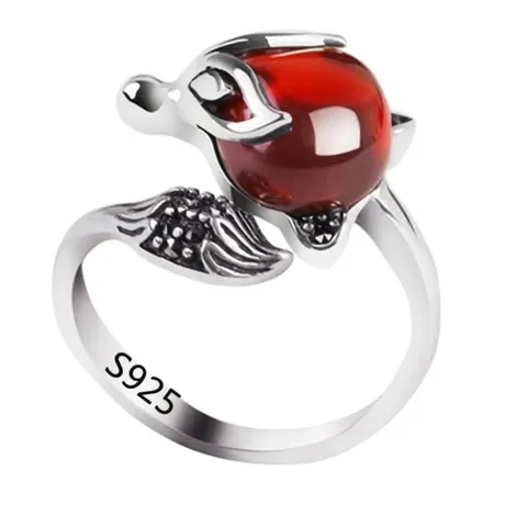 Anillo Ajustable de Zorro en Plata de Ley S925 Estilo Coreano Piedra Roja Diamante de Imitación Anillo de Dedo Animal para Mujer Joyería