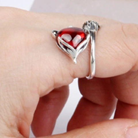 Anillo Ajustable de Zorro en Plata de Ley S925 Estilo Coreano Piedra Roja Diamante de Imitación Anillo de Dedo Animal para Mujer Joyería