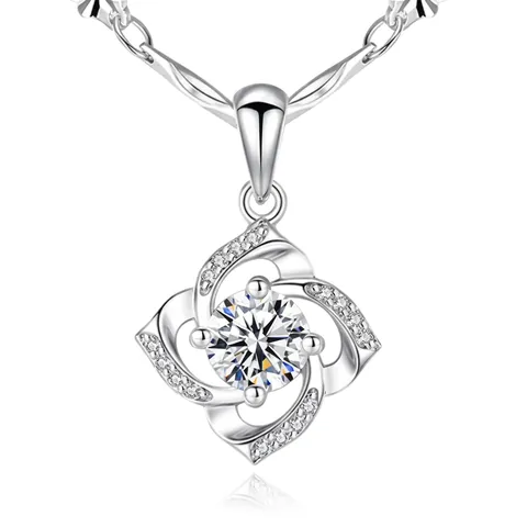 Collana con Ciondolo a Quadrifoglio in Argento Sterling 925 per Donna Ciondolo Solo Scintillante con Strass Intarsiati