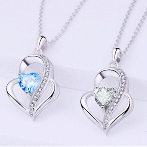 925 Sterling Silver Heart Pendant Necklace For Women Blue White Rhinestone Inlaid Romantic Korean Style Clavicle Chain Jewelry Gift