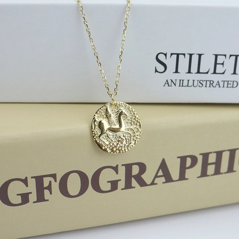 Vintage 925 Sterling Silver Pegasus Owl Coin Pendant Necklace For Women Gold Plated Delicate Chain Choker Jewelry