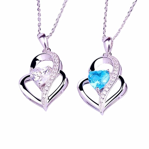 925 Sterling Silver Heart Pendant Necklace For Women Blue White Rhinestone Inlaid Romantic Korean Style Clavicle Chain Jewelry Gift