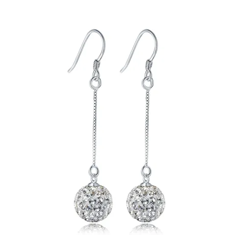 Orecchini Pendenti Shamballa in Argento Sterling S925 per Donna Nappa Lunga Rotonda Strass Sfera Gioielli