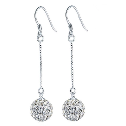 Orecchini Pendenti Shamballa in Argento Sterling S925 per Donna Nappa Lunga Rotonda Strass Sfera Gioielli