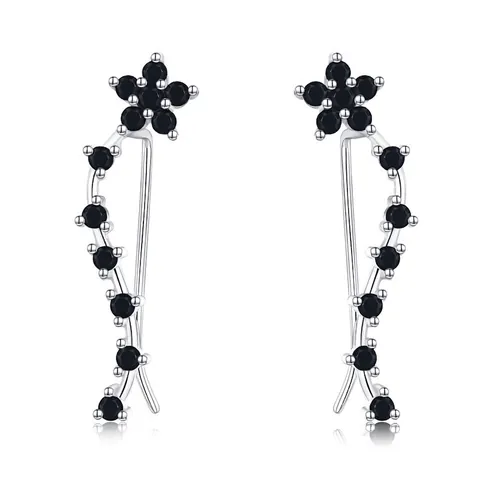 925 Sterlingsilber Schwarzer Zirkon Blume Ear Climber Ohrringe Minimalistisch Geschwungene Ranke Crawler Ohrringe Für Damen