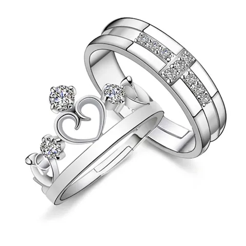 Anelli di Coppia a Corona in Argento Sterling S925 Moda Zirconia Intarsiata Anelli Aperti Regolabili Placcati in Oro Bianco Gioielli