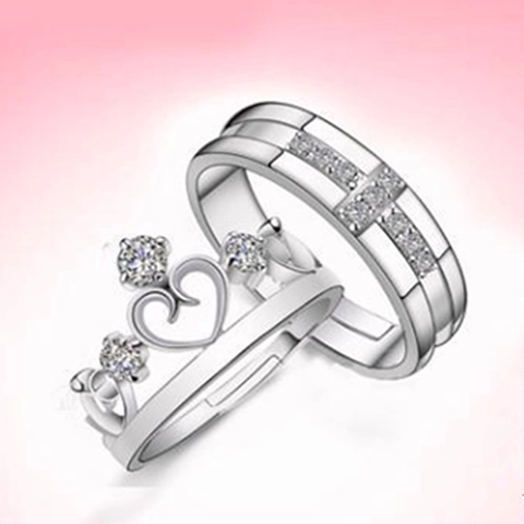 Anelli di Coppia a Corona in Argento Sterling S925 Moda Zirconia Intarsiata Anelli Aperti Regolabili Placcati in Oro Bianco Gioielli