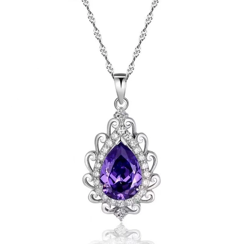 Collar con Colgante de Gota de Agua de Circonia Púrpura de Plata de Ley S925 para Mujer Joyería de Cadena de Clavícula de Circonia de Corte de Pera Elegante de Moda