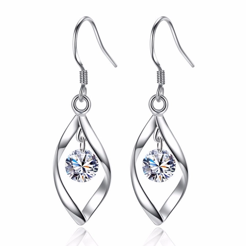 S925 Sterling Silver Twist Leaf Drop Earrings With Round Zirconia Korean Style Simple Sweet Jewelry For Women Fashion Accessory
