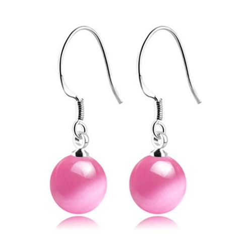 Pendientes de Gancho de Plata de Ley S925 Con Piedra de Ojo de Gato Artificial Rosa para Mujer Joyería Colgante Larga Redonda