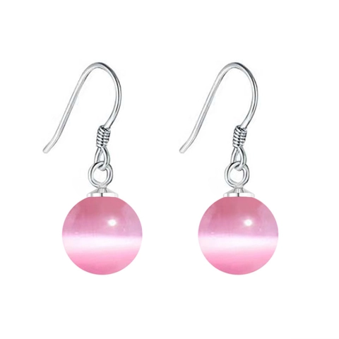 Pendientes de Gancho de Plata de Ley S925 Con Piedra de Ojo de Gato Artificial Rosa para Mujer Joyería Colgante Larga Redonda