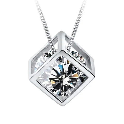Collier Pendentif Cube en Argent Sterling 925 pour Femme Minimaliste Géométrique Incrusté de Strass Chaîne de Boîte Bijoux Cadeau