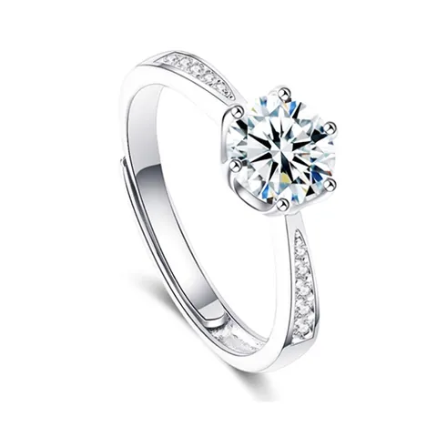 Anillo de Compromiso Clásico de Plata de Ley 925 con Engaste de Seis Garras Brillante Redondo para Mujer Banda Abierta Ajustable